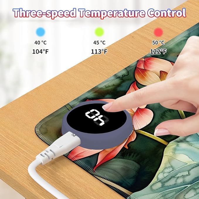 Heated Desk Pad Large Mouse Pad 23.6 x 14.1 inch with 3 Levels Heating & Auto Shut-Off Warm Mouse pad PU Leather Computer Mousepad for Home Office Work - Lotus Flower and Lotus Leaf