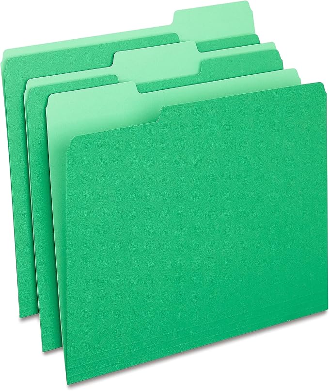Staples File Folder, Letter Size, 1/3‑Cut Tab, Green, Durable Paper Stock, 200/Carton