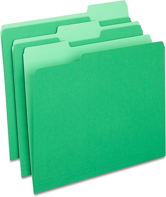 Staples File Folder, Letter Size, 1/3‑Cut Tab, Green, Durable Paper Stock, 200/Carton