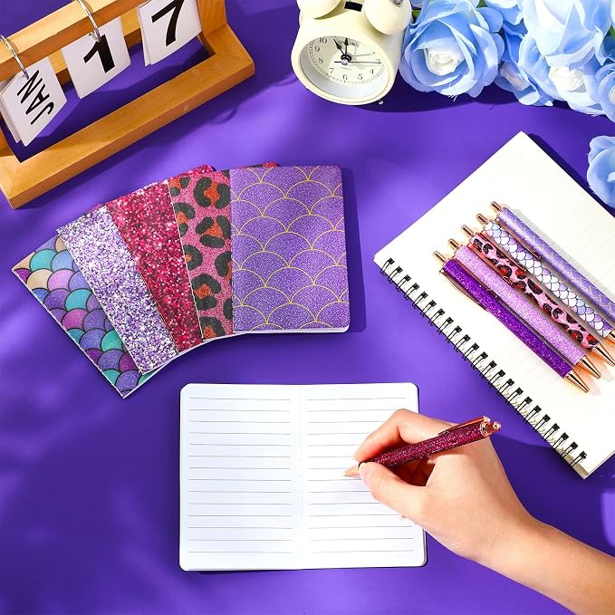 12 Set Cute Mini Notebook and Fancy Pen Gift Set for Women 6 Mini Glitter Pocket Notepad 6 Cute Sparkly Glitter Pen for Girl Office First Day of School Mother's Day Christmas Graduation(Purple)