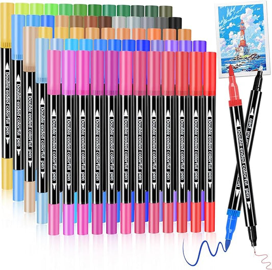 Dual Markers Brush Pens, Art Brush Coloring Markers for Adult Coloring Books, 60 Colors Pens for Teens, Double Tip Colored Pen for Journaling Note taking Planner Lettering Calligraphy Drawing