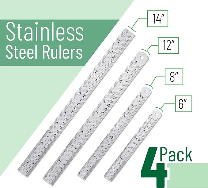 Mr. Pen- Metal Straight Edge Ruler, 4 pcs, 6", 8", 12", 14" | Stainless Steel Ruler Set, Imperial & Metric Measurements for Drawing, Home, Office, Engineering