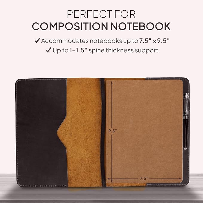 Brown XL Leather Journal Cover 7.5 x 9.5 – Refillable Genuine Leather Notebook Cover for Composition Notebook, Planner & Diary – Handmade Protective Travel Writing Case