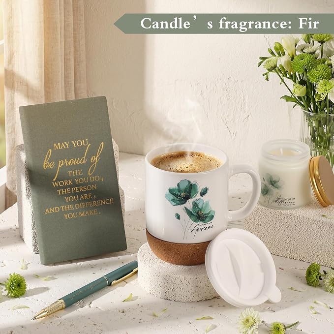 Sayglossy 4 Pcs Thank You Gifts Set for Women Back to School Teacher Appreciation Gift Leather Notebook Green Flower Coffee Mug Scented Candle Ballpoint Pen for Employee Coworker DSP Housekeeping Week