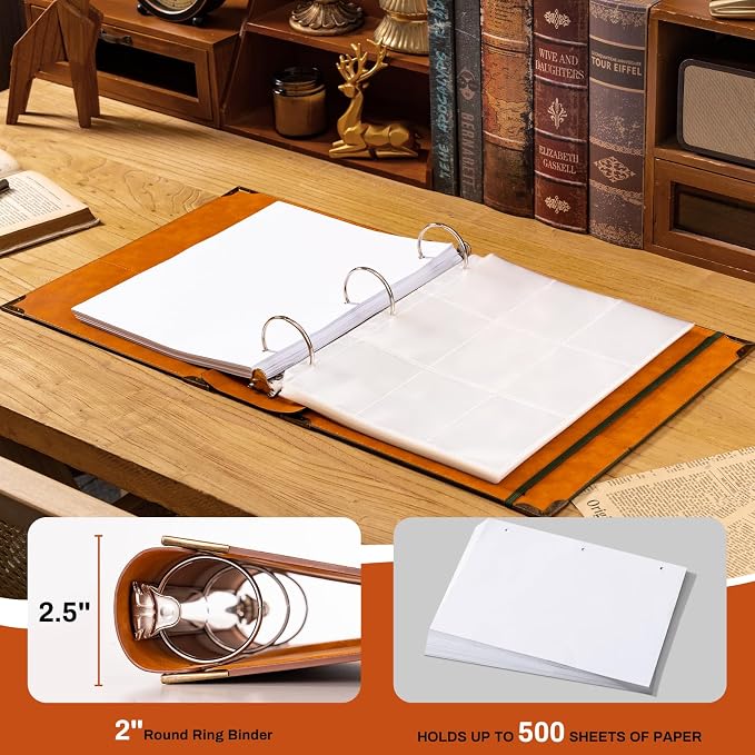 Ovesmusl PU Leather 3 Ring Binder Fits 8.5"x11" Letter Size Paper, 2 Inch Round Ring Binder Holds 500 Sheets, Notepad Paper Cover Loose Leaf Organizer, Brown Tree
