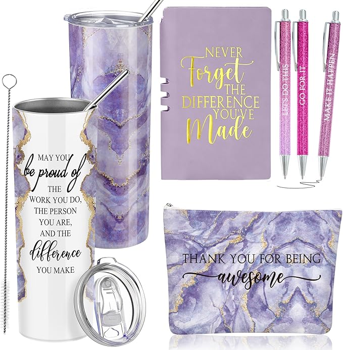 Domensi 6 Pcs Employee Appreciation Gift Set for Women Female Thank You Gift May You Be Proud 20 oz Rustic Marble Sign Tumbler Makeup Bag Journal for Boss Teacher Work Business(Purple)