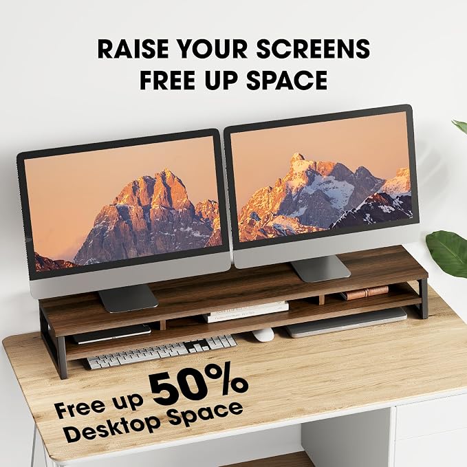 Fenge Dual Monitor Riser for Desk, Open Shelf with 3 Storage Compartments | 42.5in Computer Monitor Stand, 2-Tier Desk Shelf for Top of Desk,One-Piece Panel, fit Ultrawide Monitor, PC, Laptop, Brown