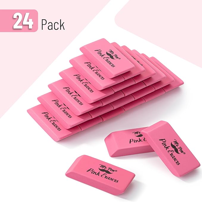 Mr. Pen- Pink Pencil Eraser Bulk, 24 Pack | Large Latex Free Block Erasers for School, Office, Art Sketching, Homework, Exams, Clean Smudge-Free Correction