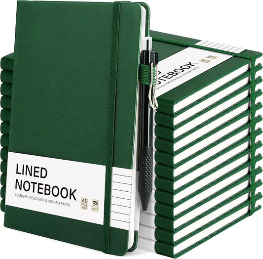 Aodaer 12 Set Lined Notebook Journals with Pens A5 Notebooks 100 GSM College Ruled Hardcover Notebook PU Leather Notepad with Pen Holder for Office School, 5.7 x 8.3 Inches, Dark Green