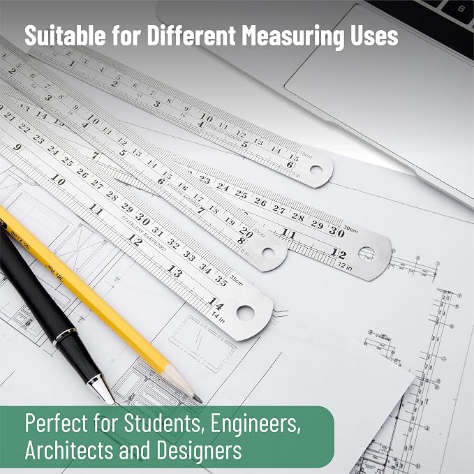Mr. Pen- Metal Straight Edge Ruler, 6 pcs, 6", 8", 10", 12", 14", 16" | Stainless Steel Ruler Set, Imperial & Metric Measurements for Drawing, Home, Office, Engineering