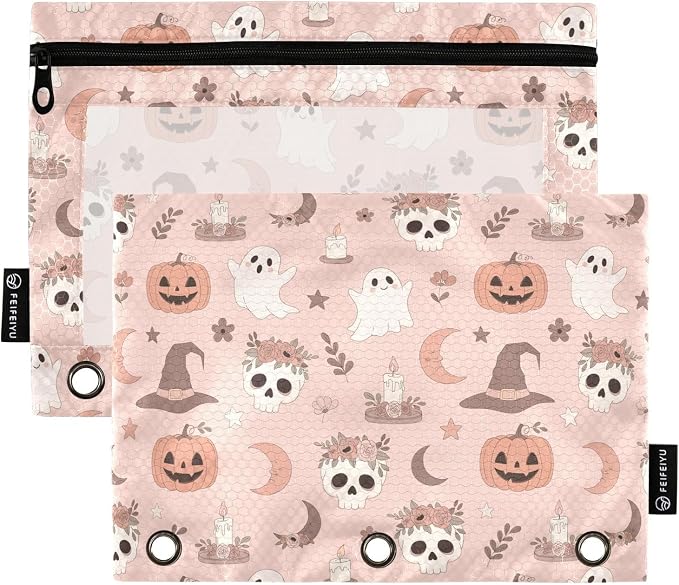Emelivor Halloween Pumpkin Head Pencil Pouch for 3 Ring Binder 2 Pack Binder Pencil Case with Clear Window Pencils Bags with Zipper for Office Daily College Home Supplies