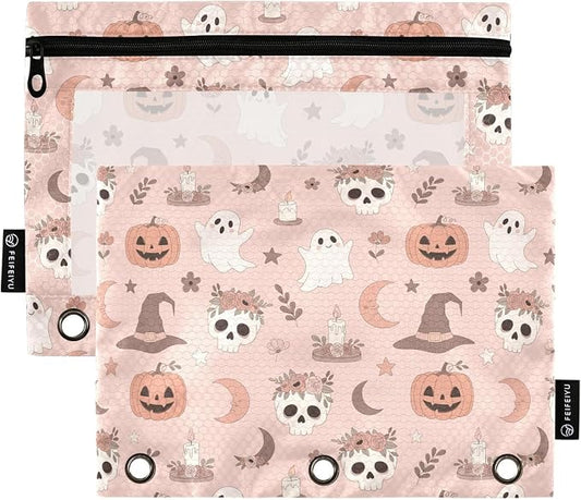 Emelivor Halloween Pumpkin Head Pencil Pouch for 3 Ring Binder 2 Pack Binder Pencil Case with Clear Window Pencils Bags with Zipper for Office Daily College Home Supplies