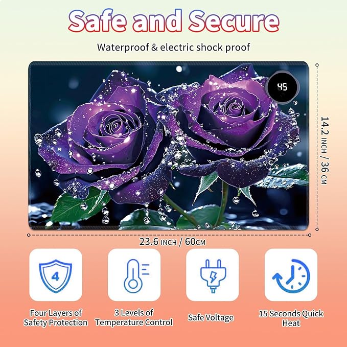 Heated Desk Pad Large Mouse Pad 23.6 x 14.1 inch with 3 Levels Heating & Auto Shut-Off Warm Mouse pad PU Leather Computer Mousepad for Home Office Work - Purple Rose Flower