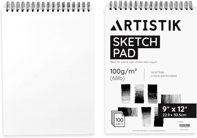 ARTISTIK Spiral Sketch Pad – 100-Sheet Perforated Sketchbook for Pencil, Pastel & Crayon – 100 g/m²(68lb) Mixed Media Sketching & Writing Pad – 9" x 12", Pack of 2