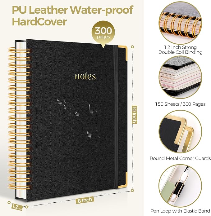 SKYDUE 5 Subject Notebook with Dividers and Tabs, 8" x 10" College Ruled Notebook for Work, 300 Pages Spiral Journal for Women, Black