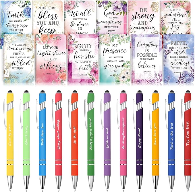 PerKoop 48 Pcs Christian Gifts Notebooks and Pens Bulk - Bible Pocket Notebooks Scripture Ballpoint Pens, Flower Inspirational Journal Faith Based Gifts for Church Coworkers Women Nurses Staff