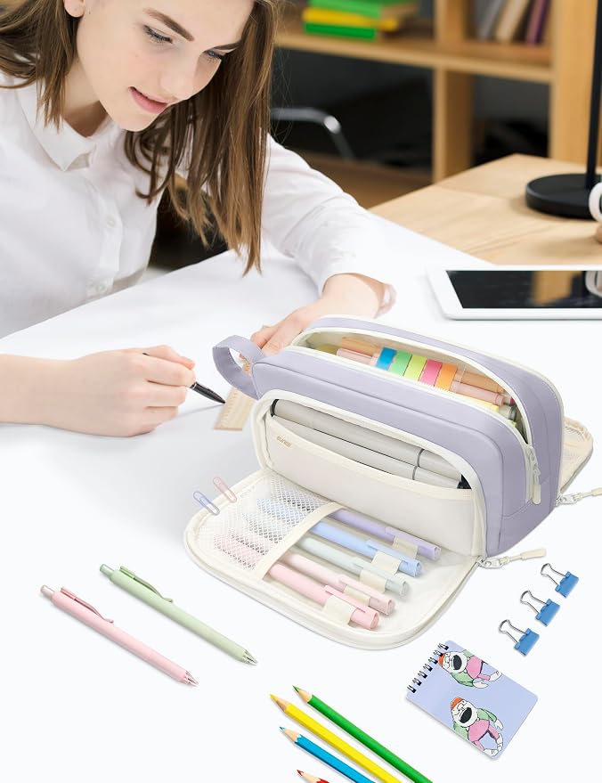 SUNEE Large Pencil Case, Big Capacity Pen Pouch with 3 Compartments, Kawaii Pencil Bag with Zipper, High Storage Stationery Holder and Organizer, School Supplies for Teen and Adult Girls, Light Purple