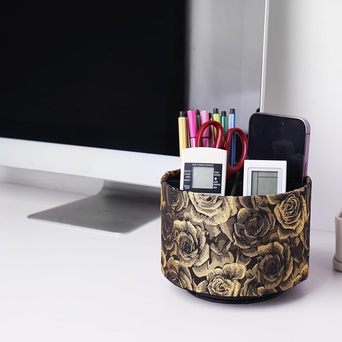 Round Leather Art Supply Organizer,Remote Control Holder,360 Degree Rotating,Multi-Functional Pencil Holder,4 Compartments Desktop Stationary Organizer(1-3D Rose Yellow)