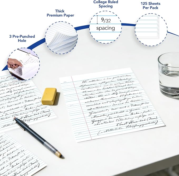 Kaisa Filler Paper Notebook Paper College Ruled 8"x10.5" Loose Leaf Paper for 3-Ring Binders 1800 Sheet/pack,12pack (Total 1800 Sheets)
