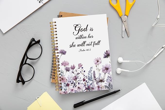 Christian Notebook for Women, Christian Gifts Journal, Prayer Journal for Women, Bible Journaling Notebook, PSALM 46:5 God is Within Her She Will Not Fall Floral Spiral Notebook 5.5x8.3