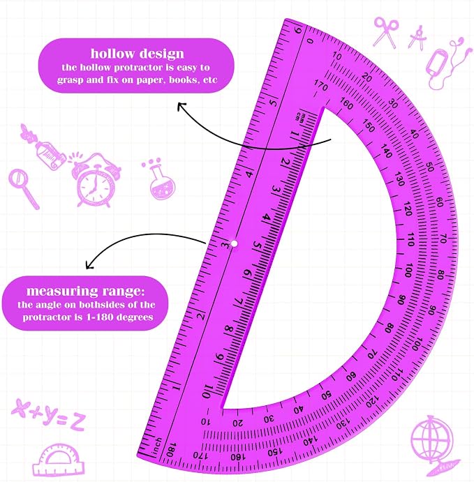 Zonon 2 Pcs 12 Inch Clear Ruler and 6 Inch Plastic Protractor Set, Dual Scale Inch/Cm Math Geometry Measuring Tools for Back to School Students Teachers Classroom Office Drafting Use(Purple)