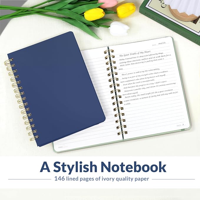 SUNEE Lined Spiral Journal Notebook for Women, 146 Pages College Ruled Hardcover Journaling Notebook for Work, Note Taking and Office School Supplies, A5 - Navy Blue