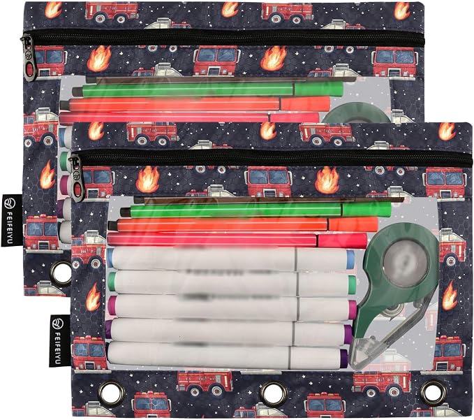Fire Fighting Truck Binder Pouches 3 Ring for Boys Girls School Office College Supplies Cars Doodle Pattern Pencil Pouches Case Bag with Clear Window and Zipper 2 Pack