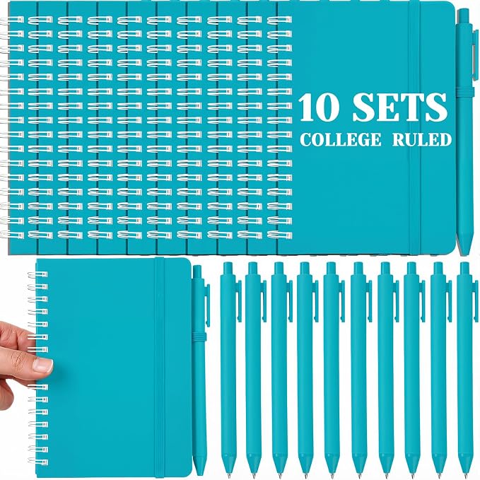 Fulmoon 10 Set Small Spiral Notebooks A6 with Pens Bulk, Multicolor 4" x 6" Pocket Notebooks Mini Lined Journals 50 Sheets for Back to School Supplies Students Rewards Office Gifts (Teal Blue)
