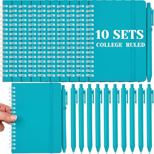 Fulmoon 10 Set Small Spiral Notebooks A6 with Pens Bulk, Multicolor 4" x 6" Pocket Notebooks Mini Lined Journals 50 Sheets for Back to School Supplies Students Rewards Office Gifts (Teal Blue)