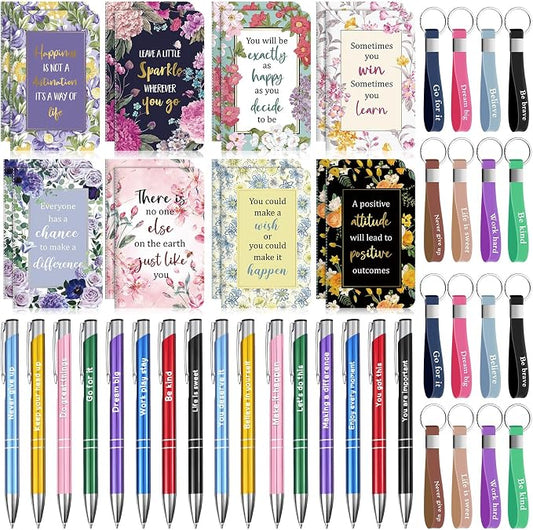 PerKoop 48 Pcs Inspirational Gifts Bulk Motivational Notepads Ballpoint Pens Keychains Set Floral Flower Journal Notebooks Christian Gifts for Teachers Office Party Favor Supplies
