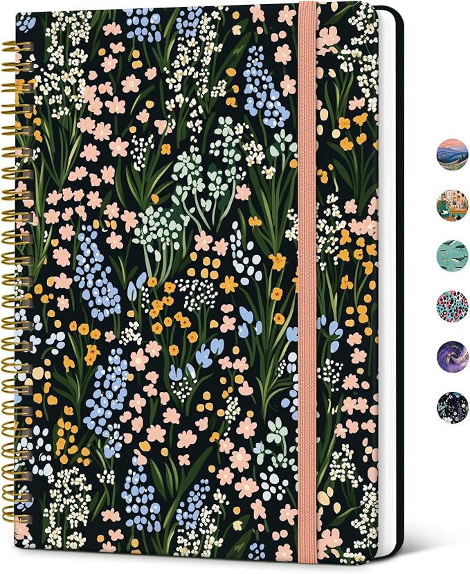 Taja Spiral Lined Journal for Women, Notebook for Work with Pretty Cover, 140 College Ruled Pages, Hardcover Notebook for Journaling, Note Taking, Bible Study, Spring Scatter