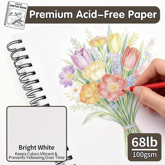 FIXSMITH 9"X12" Brown Sketch Book, 100 Sheets (68 lb/100gsm) Spiral Sketchbook, Acid Free Drawing Paper, Sketch Pad for Beginners,Artists & Professionals, Bright White
