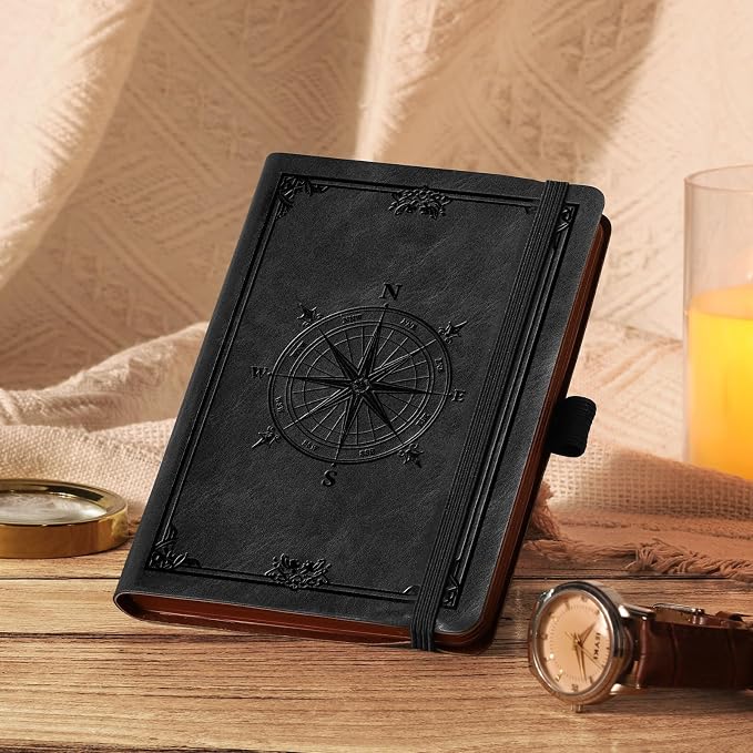 AHGXG Small Blank Pocket Notebook, 256 Numbered Pages, B6 (4.1'' X 5.7'') | Mini Journal, Vintage Soft Leather Hardcover, 80gsm Paper, for Men Women Work Office School (Black)