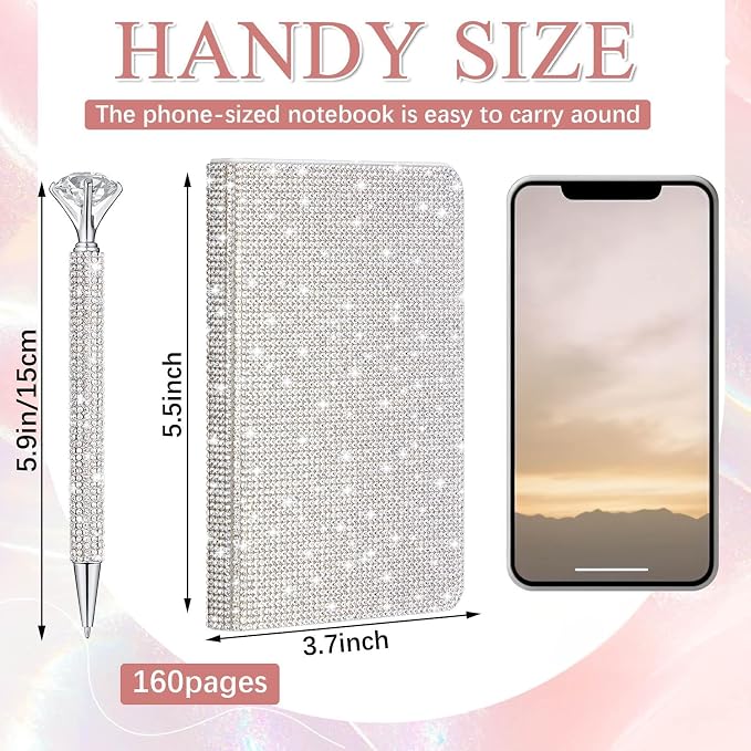 Rhinestone Pen & Glitter Notebook Set, Hard Cover Bling Diary Journal for Girls, Cute School Supplies for Back to School, Sparkly Desk Accessories Gift for Women(Rhinestone,A6,White)