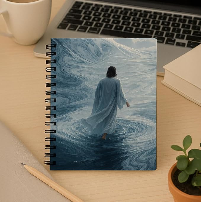 bitCNY Religious Spiral Journal – Jesus Walking on Swirling Waters – Faith Inspired Christian Notebook for Prayer & Reflection, Spiral Bound 5.5x8.3 Inches