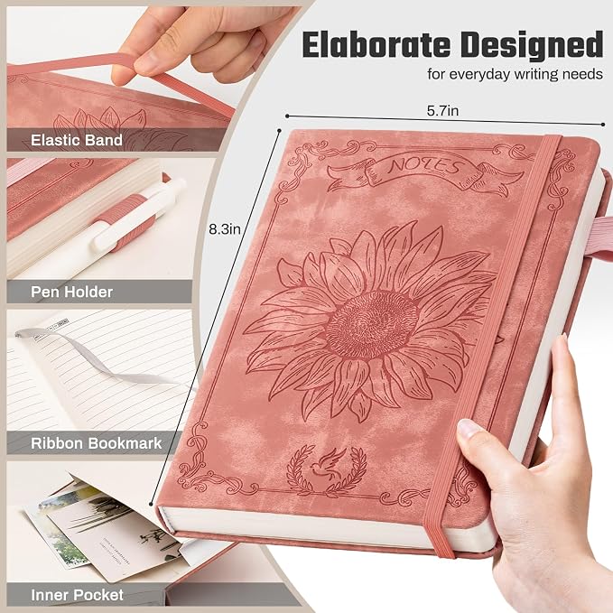 Ovesmusl Sunflower Journal for Girls Women Journals for Writing 100GSM College Ruled A5 Leather Notebook for Girls Ages 8-12 Flower Diary with Heart-Shaped Shadow, 5.7" x 8.3", Pink