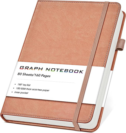 A5 Leather Hardcover Graph Paper Notebook, 160 Pages (5 Squares/Inch), 180° Lay-Flat Binding, 100 GSM Thick Paper, for Math, Engineering, Students & Technical Work (Pink)