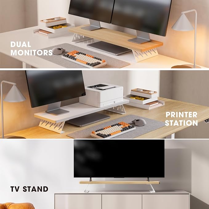 Fenge Monitor Stand Riser, Wooden & Metal Desk Shelf Organizer, Oak | 31.5 Inch Computer Stand for Compact Work Station, Multifunctional Monitor Shelf for Laptop, PC, Printer