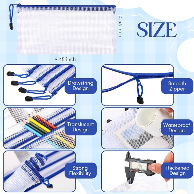 Zhehao 200 Pieces A6 Mesh Zipper Pouch Bulk Mesh Bags with Zipper Waterproof Small Pencil Pouches for Office Supplies Organization 9.4 x 4.5 Inches(Blue Colors)