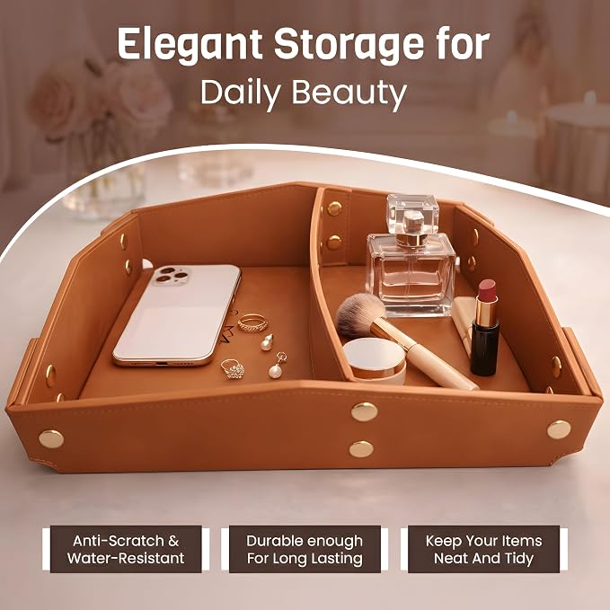 Valet Tray Organizer for Men & Women - PU Leather Catch All Tray with Removable Divider - EDC Storage for Keys, Watch, Phone - Nightstand, Dresser & Desk Organizer - Saddle Tan