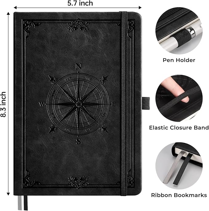 AHGXG Graph Grid Paper Notebook, 192 Pages, A5 Medium Size (5.7'' x 8.3'') | 5 Squares per Inch, Leather Hardcover, 100 GSM Thick Paper, for School, Students, Math, Engineering (Black)