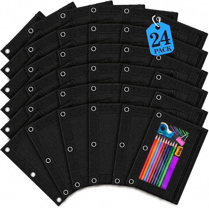 24 Pack Pencil Pouch for 3 Ring Binder Pencil Case with Clear Window Zipper | 3-Holes Zipper Pencil Pouches in Assorted Colors, Sturdy and Durable Zipper Pencil Pouch for Office College School Supplies
