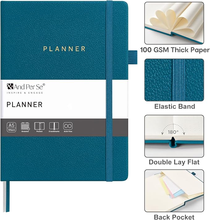 And Per Se Undated Academic Planner, Weekly & Monthly Planner with Goal & Habit Tracker, A5 Hardcover, Dark Turquoise