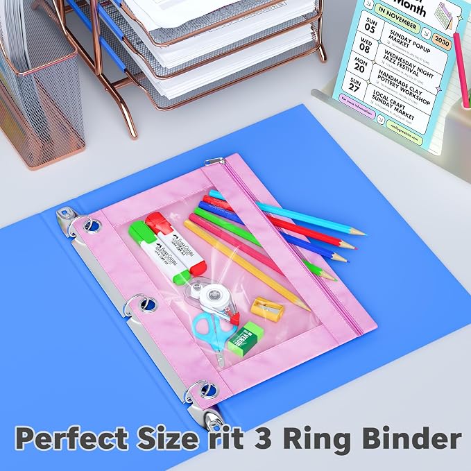 DoDoMagxanadu Binder Pencil Pouches, Pencil Pouch for 3 Ring Binder with Zipper Pulls, Clear Window Pencil Case for Binder, Zipper Pencil Pouches with Rivet Enforced 3 Ring, 20 Pack, 10 Color