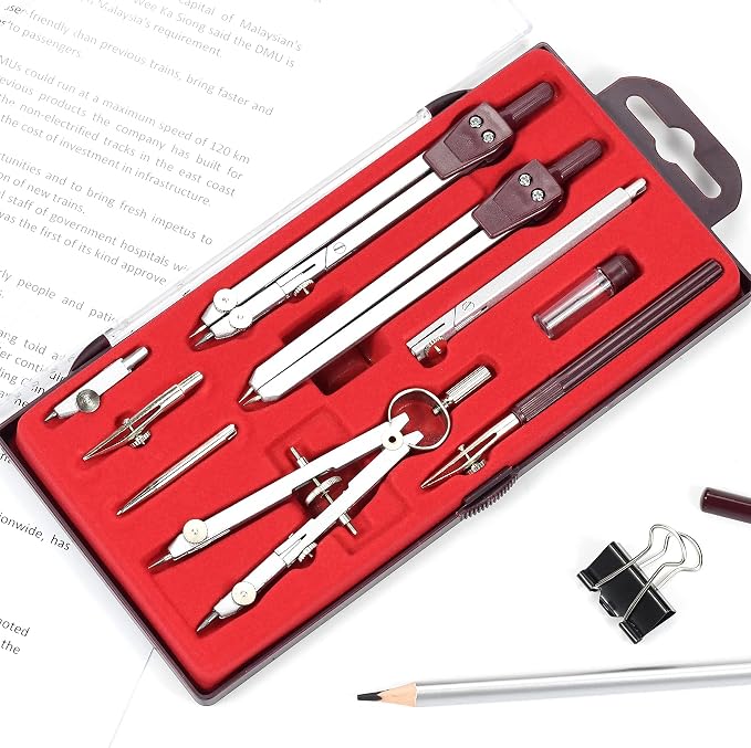 UNJOO 9Pc Geometry Set Metal Compass, Geometry Precision Tool (Red) | Circle Drawing Tool and Architecture, Drafting Kits for Engineer with Shatterproof Storage Box
