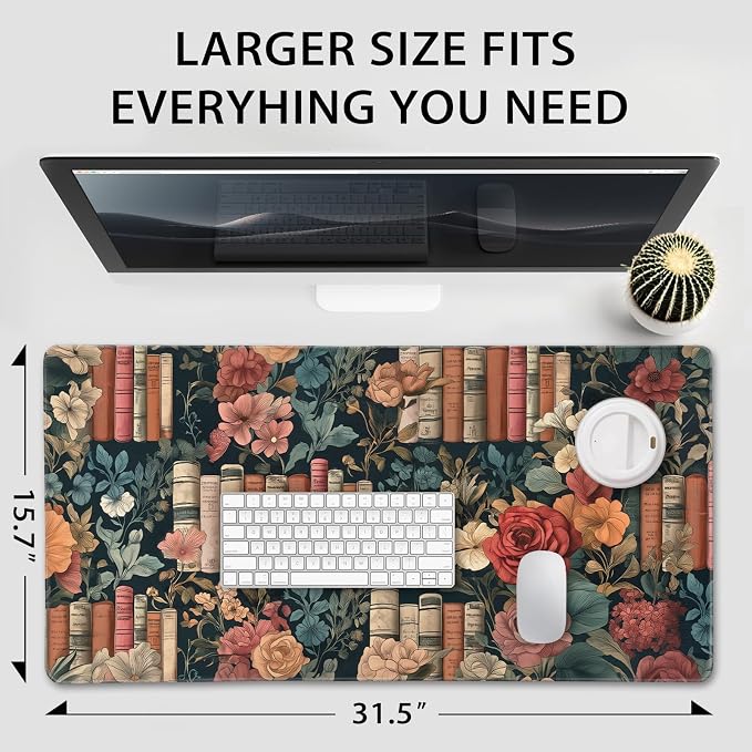 Vintage Library Floral Large Gaming Mouse Pad 31.5"x15.7"｜Books and Roses XXL Desk Mat, Non-Slip Rubber Base & Stitched Edges - Extended Waterproof Mousepad for PC/Laptop/Office/Home Decor