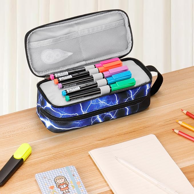 Choco Mocha Boys Pencil Case for Kids, Soft Large Zipper Pencil Pouch for Boys with 2 Compartments Boy Pencil Case for School Lightning Pencil Bag, Blue