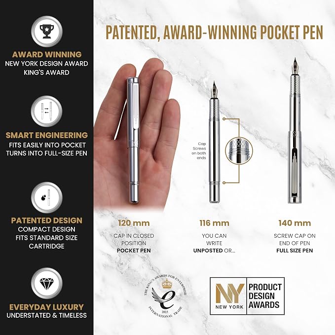 Scriveiner Personalized Silver Chrome Fountain Pen (Medium), Award Winning Luxury Pen, Heavy Pocket Pen, Chrome Finish, Best Engraved Fountain Pen Gift Set for Men & Women, Name Engraving
