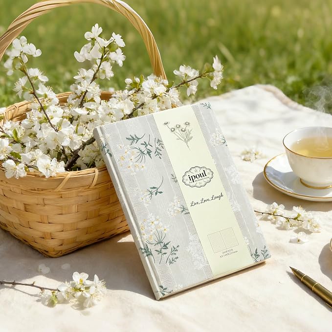 Floral Journal for women, Floret Printed Fabric Cloth Hardcover, A5, 200 Pages, 6x8 Medium Ruled Notebook, Similar Embroidered Linen Journal, Lay Flat Church Notes Notebook, Beige