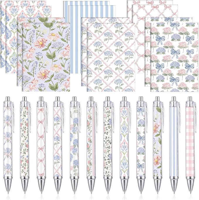 Motiskyy 24 Pcs Blue Hydrangea and Bow Floral Pens Flower Ballpoint Pens Flower Notepads Set Design Line Notebook Employee Gifts Set for Student School Office Supplies, Back to School Gift